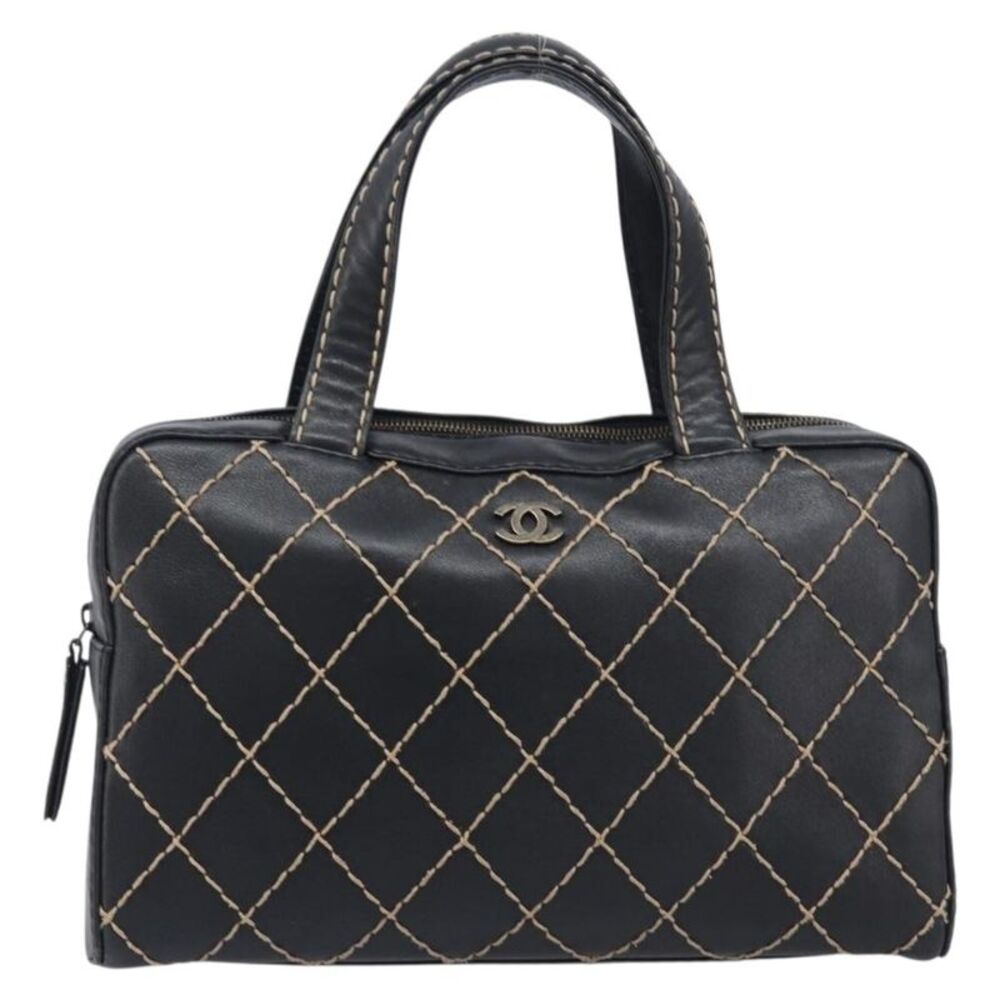 Chanel Surpique Boston Quilted Leather Black Leather Handbag